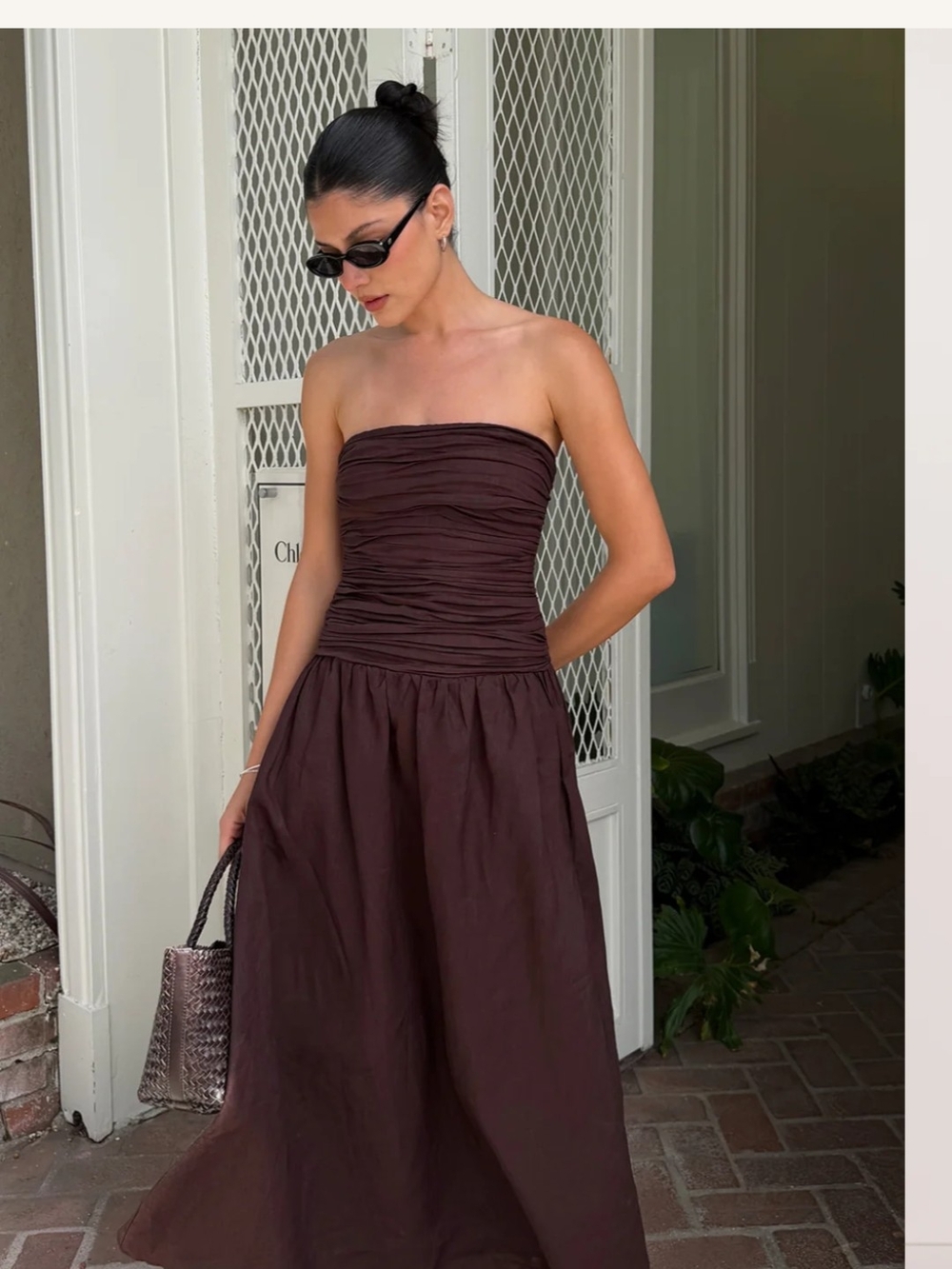 Dissh Linen Dress Strapless Ruched Bodice Maxi Dress in Deep Brown